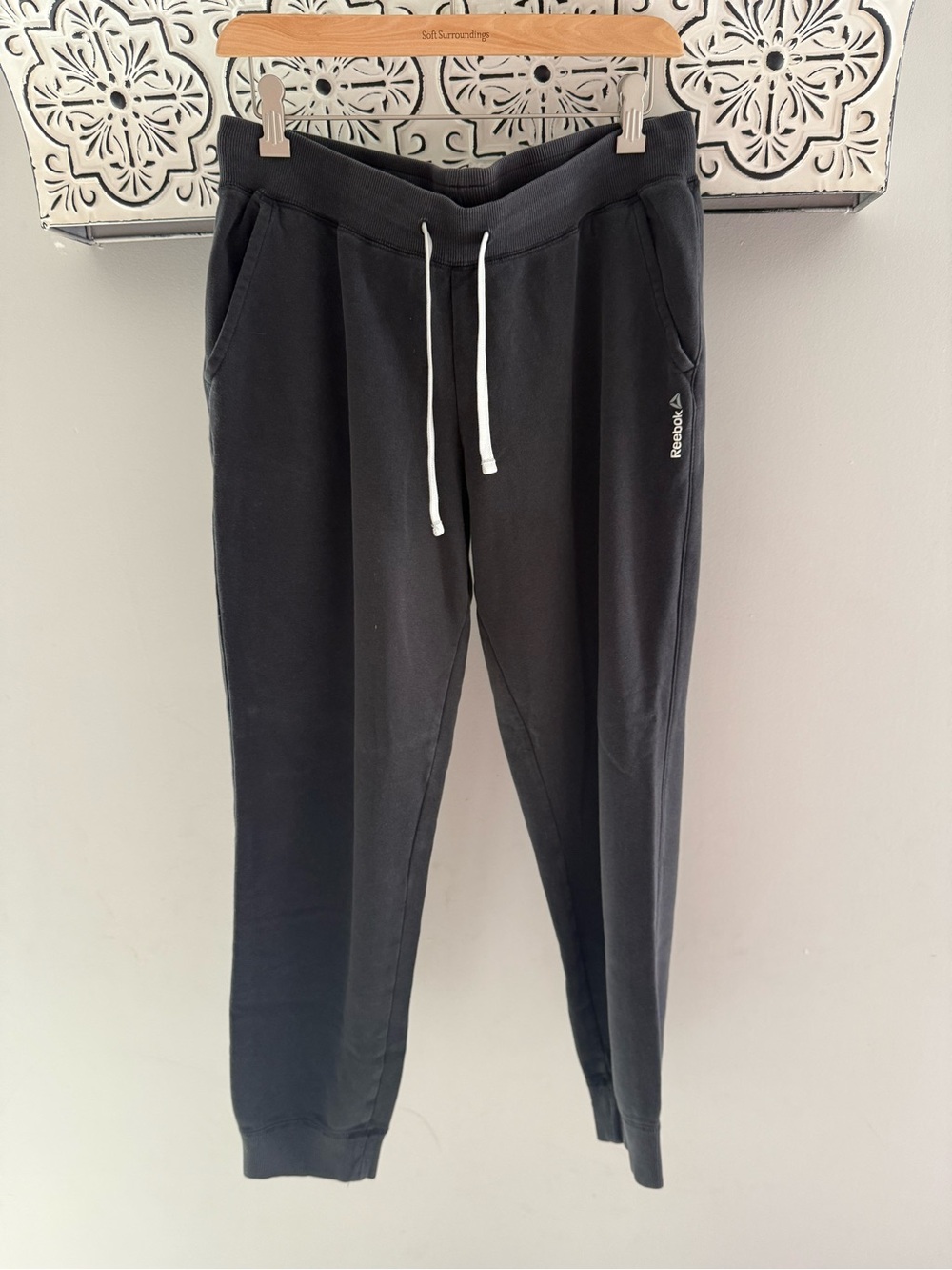 Reebok Black Women’s Tapered Jogger Sweatpants with White Drawcord